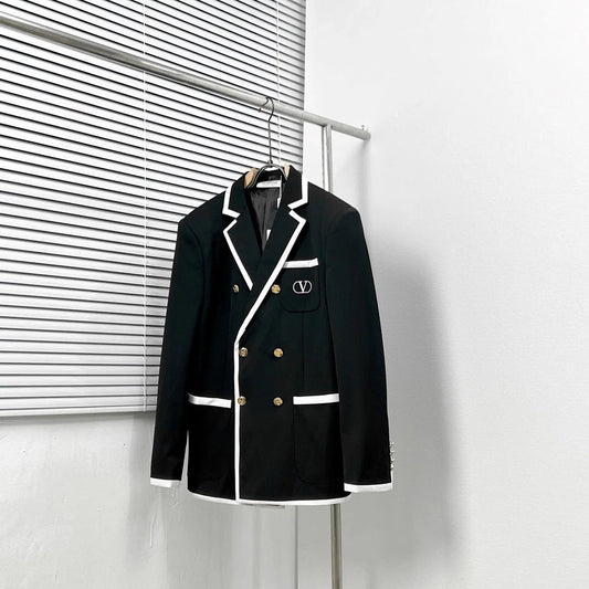 VALENTINO GARAVANI || V-Logo Double-Breasted Blazer – Black with White Contrast Trim & Gold V-Logo Buttons FASHION MYST