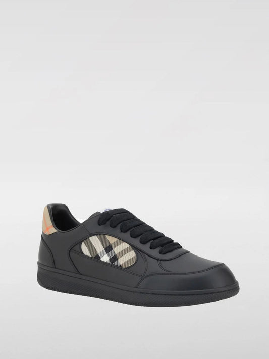 BURBERRY || Box Low-Top Leather Sneakers in Black – Equestrian Knight Design & House Check Panels FASHION MYST