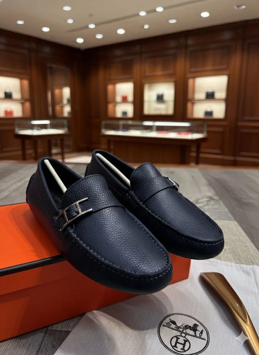 HERMES || Paris Men's Ancora Moccasin – Deep Bleu Nuit Grained Calfskin with Ruthenium H-Buckle
