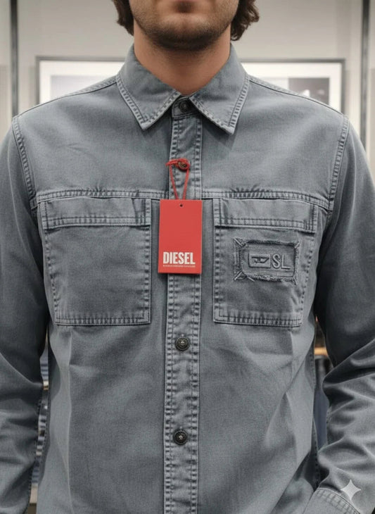 DIESEL || Men’s D-SL Overshirt – Vintage-Wash Denim Button-Down with Distressed Patch Detail FASHION MYST