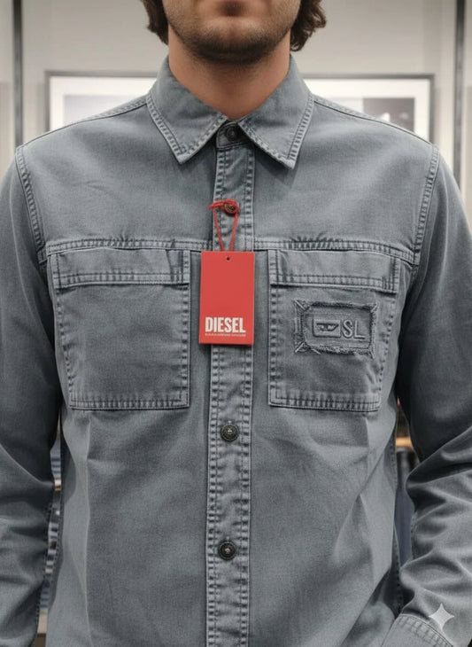 DIESEL || Men’s D-SL Overshirt – Vintage-Wash Denim Button-Down with Distressed Patch Detail