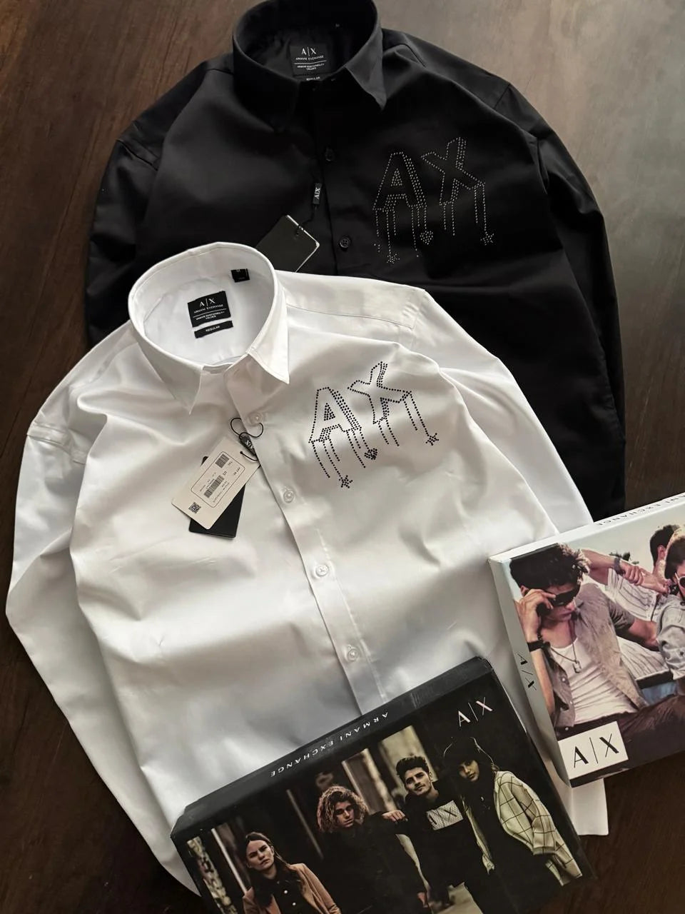 ARM*NI EXCH*NGE || Men’s Slim-Fit Long Sleeve Shirt with Studded AX Logo