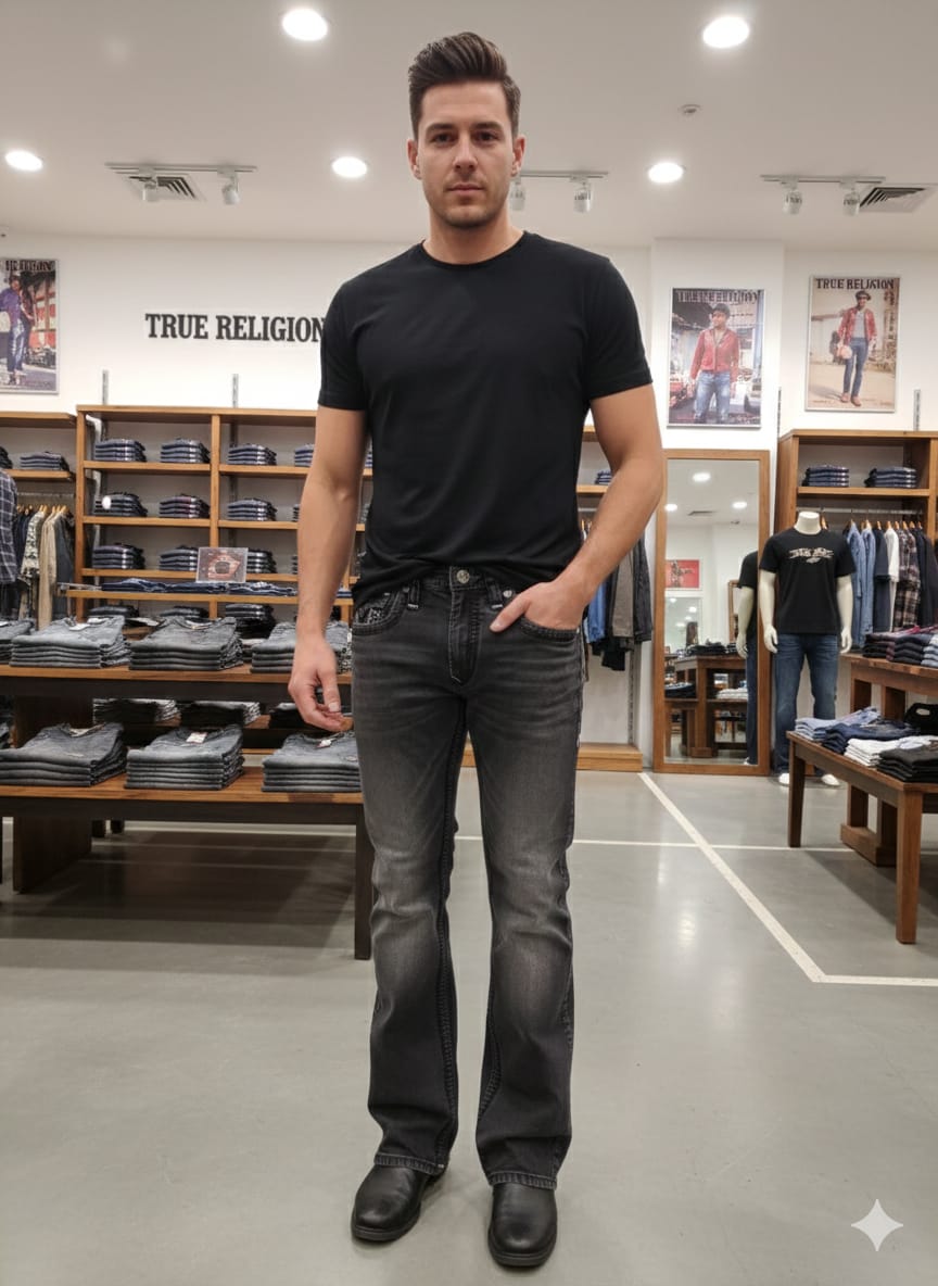 TRUE RELIGION Joey super T ブラックデニム　36 True Religion Jeans Men 36 (34x33) Black Flared Thick Stitch Denim