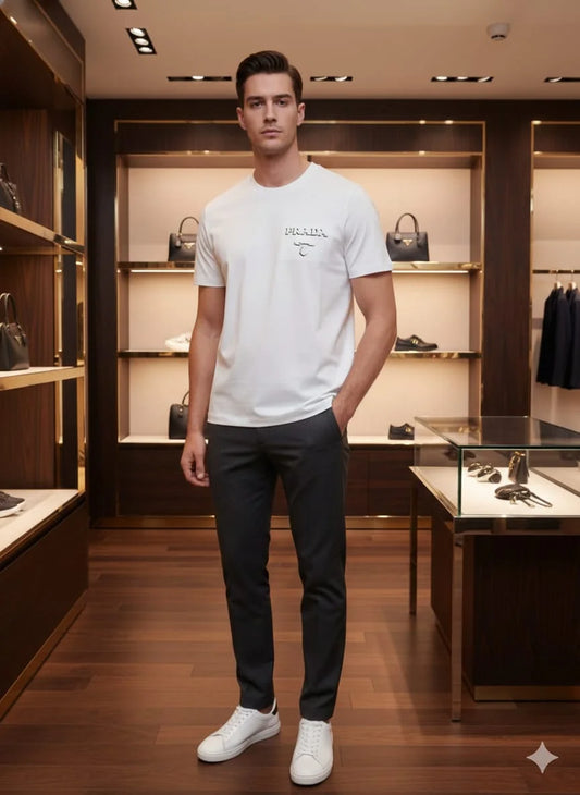 PRADA || Men’s Embossed Logo Cotton Crewneck T-Shirt – Luxury Slim Fit Tee