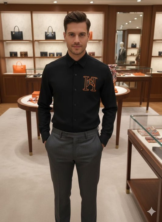 Premium Hermès black designer shirt with Japanese fabric and stone detailing