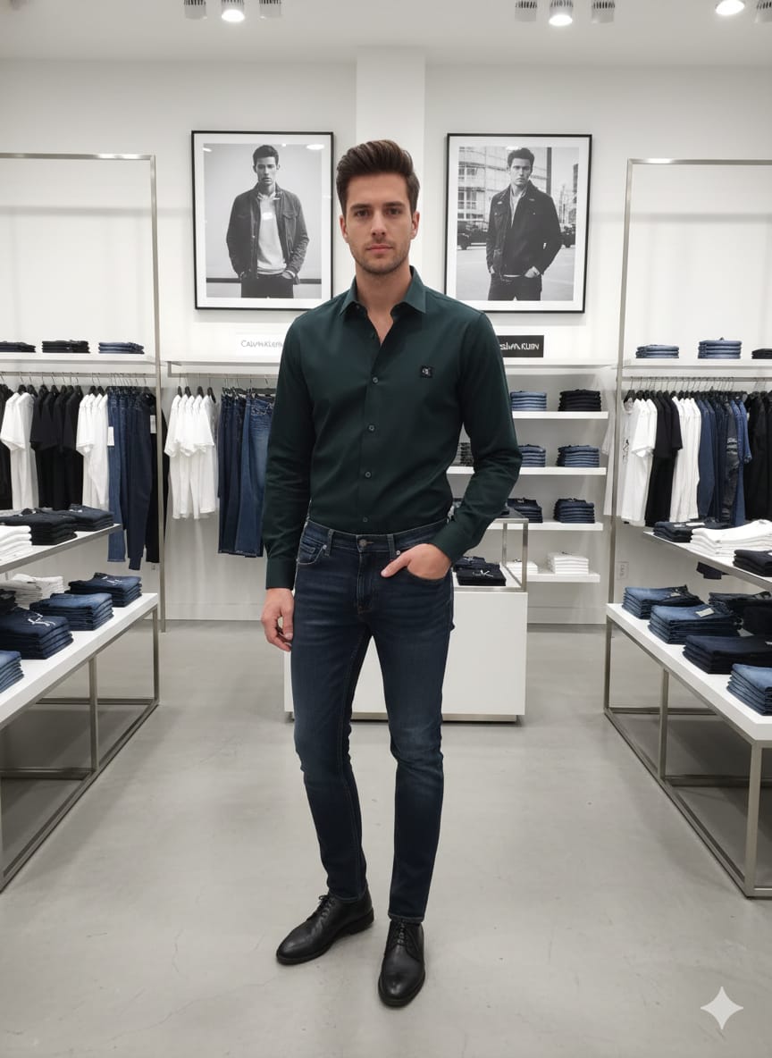 Luxury Calvin Klein green full sleeve cotton lycra shirt