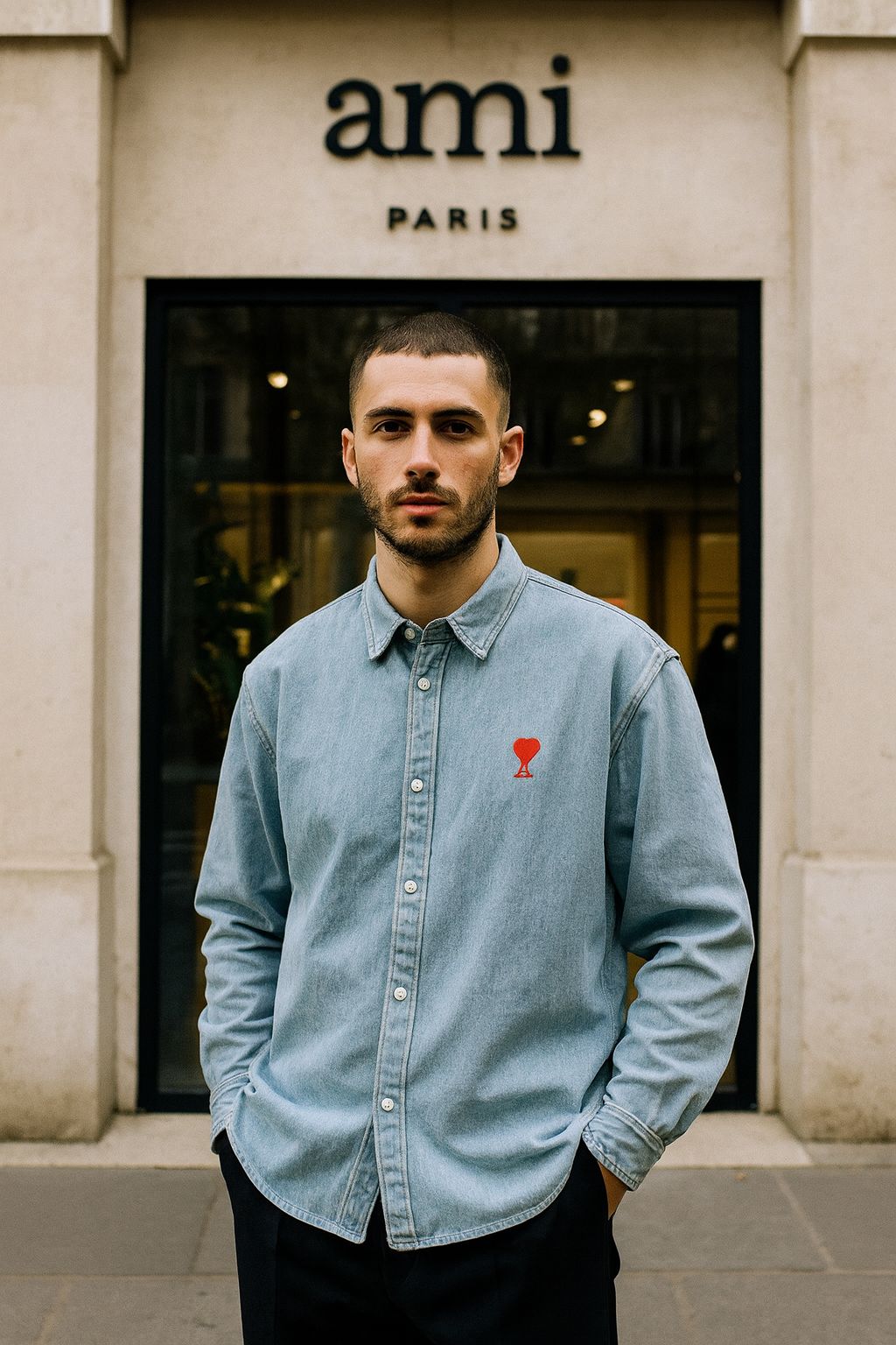 AMI PARIS || Denim Red Heart Logo Patch Shirts – Light