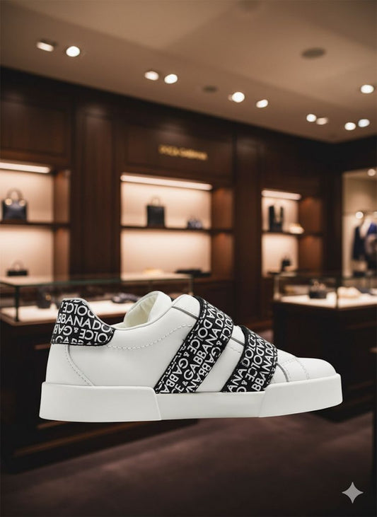 DOLCE & GABBNA || White Calfskin Portofino Sneakers In a Low-Top Silhouette - FASHION MYST