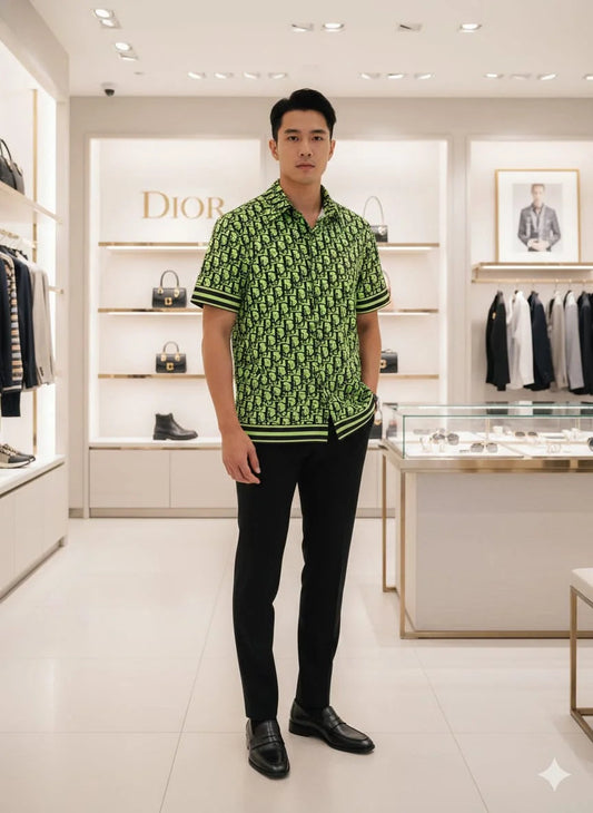 CHRISTIAN DIOR || Oblique Short-Sleeved Shirt – Neon Green & Black Silk Twill FASHION MYST