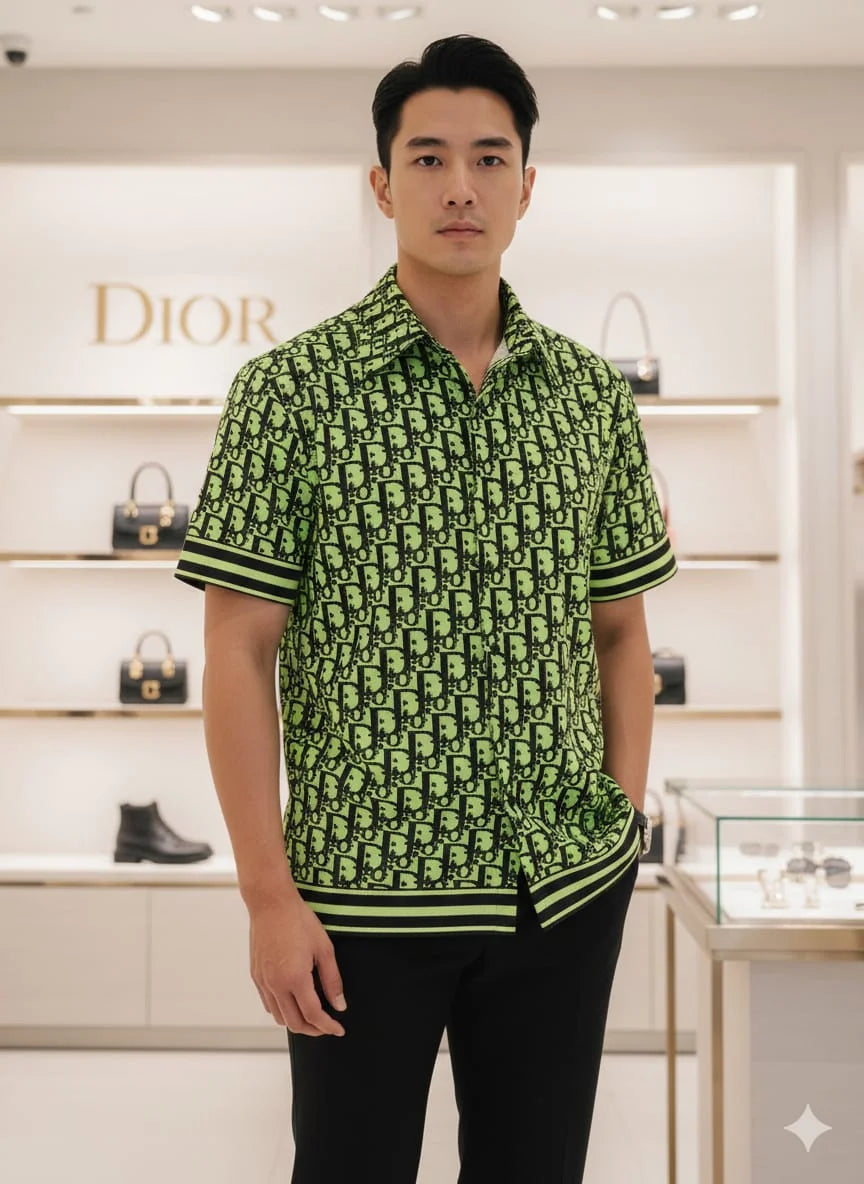 Dior Oblique Shirt - Neon Green & Black Silk Short Sleeve Dior Oblique Shirt - Neon Green & Black Silk Short Sleeve