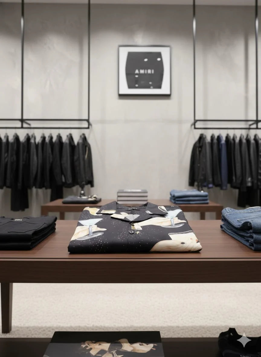 AMIRI || Men’s "Cocktail & Star" Silk Bowling Shirt – Black Graphic Camp Collar Button-Down