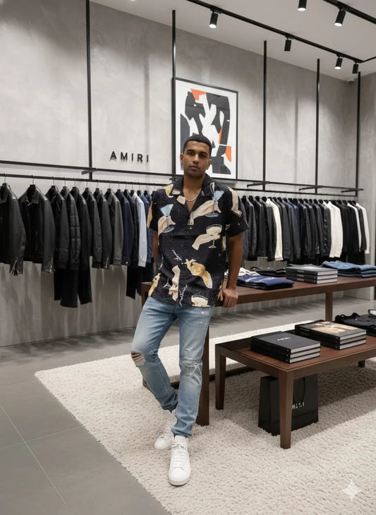 AMIRI || Men’s "Cocktail & Star" Silk Bowling Shirt – Black Graphic Camp Collar Button-Down