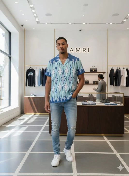AMIRI || Men's Geometric Silk-Blend Bowling Shirt – Blue and Teal Mid-Century Print FASHION MYST