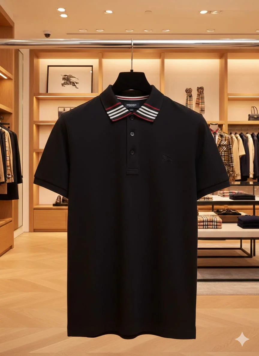 BURBERRY || Monogram Motif Cotton Pique Polo Shirt – Striped Collar Collection