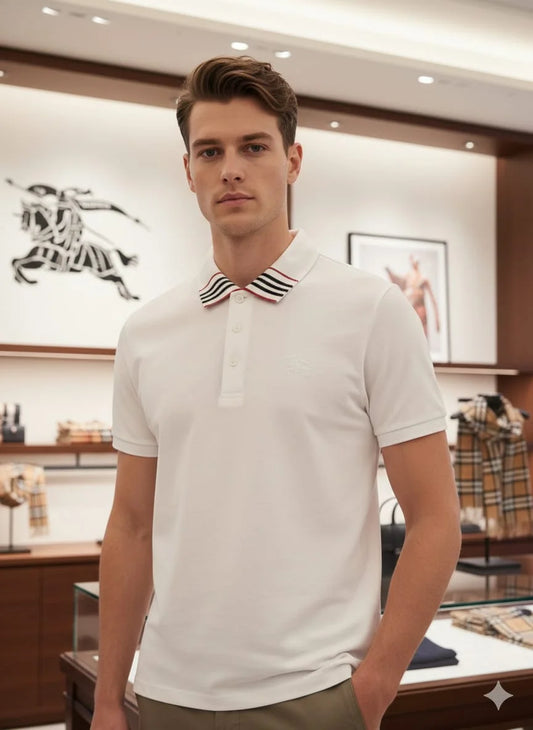 BURBERRY || Monogram Motif Cotton Pique Polo Shirt – Striped Collar Collection