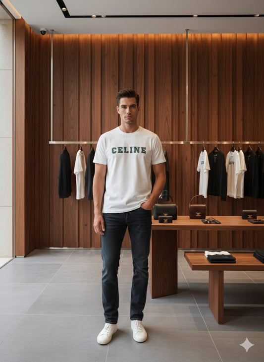 CELINE || Homme Loose T-Shirt in Cotton Jersey with Athletic Logo – Chalk/Forest Green