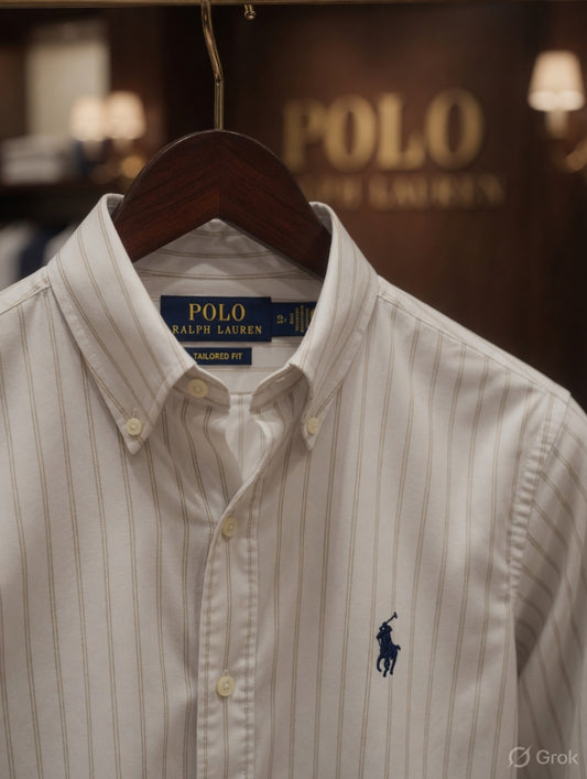 Ralph Lauren men's white striped 2-ply cotton regular fit shirt with embroidered pony logo