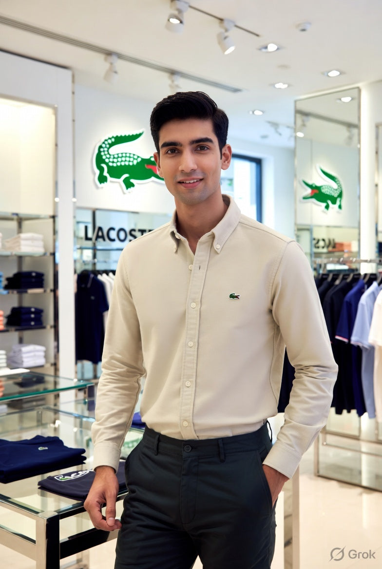 Luxury Lacoste beige Oxford shirt for office and smart casual wear