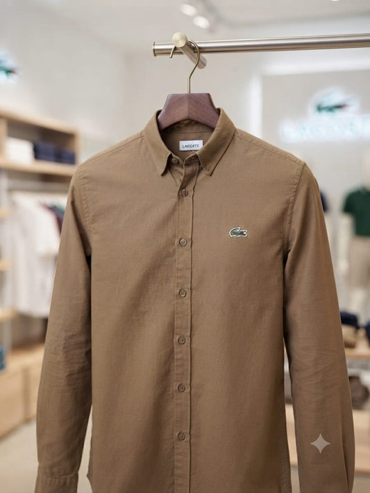 Lacoste brown designer cotton twill shirt for office wear and smart casual styling