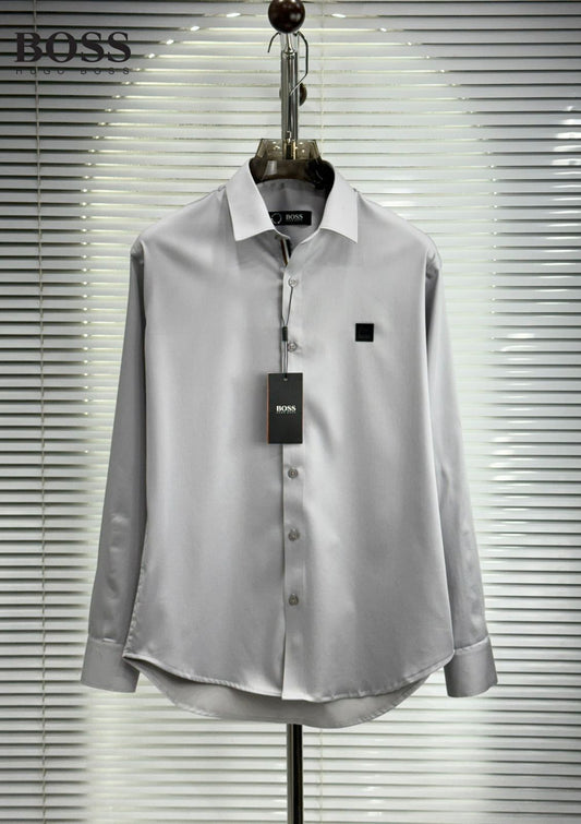 BOSS grey cotton twill regular fit shirt for men