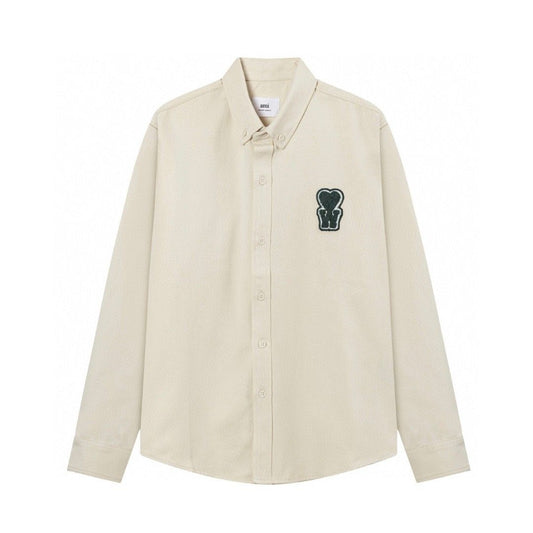 AMI PARIS || Beige Button-Up Denim Shirt with Chest Logo Patch