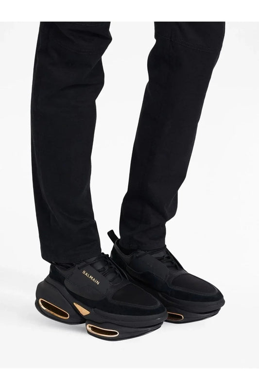 BALMAIN || Unicorn Low-Top Neoprene and Leather Sneakers – Black & Gold FASHION MYST
