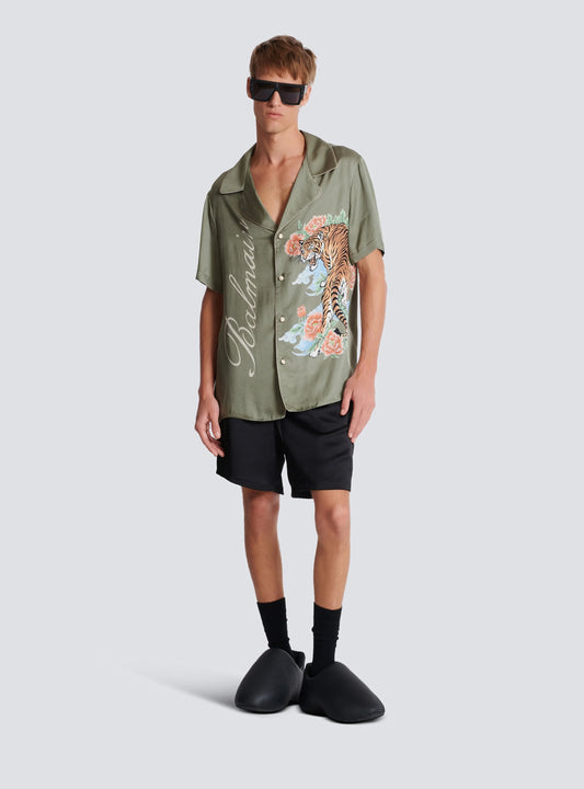 BALMAIN || Short-Sleeved Satin Shirt With Tiger Print- FASHION MYST