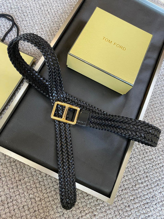 TOM FORD || INTERWOVEN LEATHER BUCKLE BELT FOR MEN - CALFSKIN/BRASS - FASHION MYST