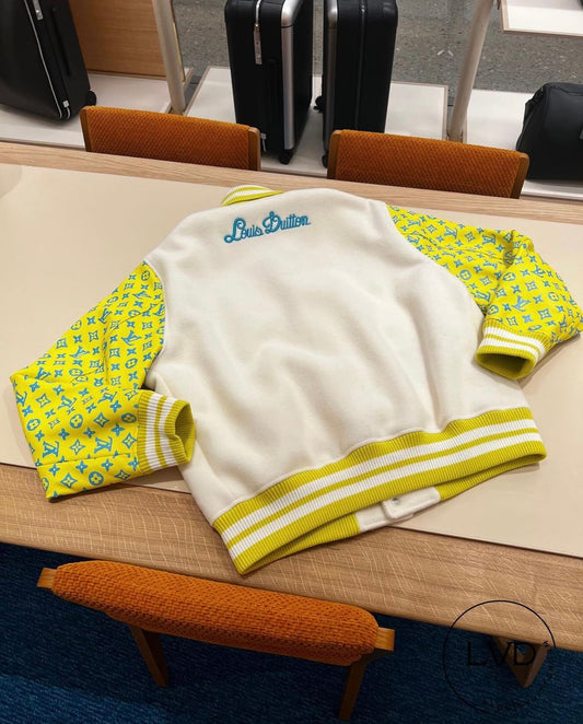 White & Yellow Monogram Sleeve Varsity Jacket - FASHION MYST