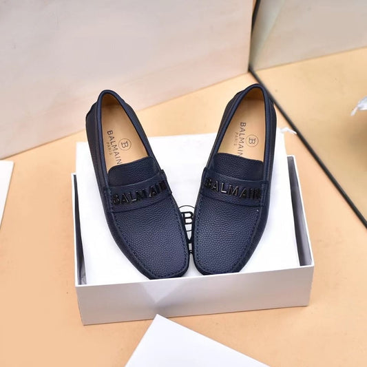 BALMAIN || Logo-Plaque Calf Leather Loafers / BLUE - FASHION MYST