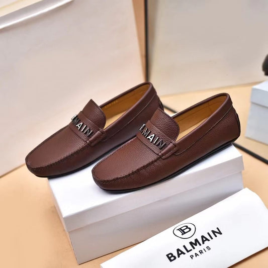 BALMAIN || Logo-Plaque Calf Leather Brown Loafers - FASHION MYST