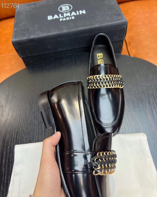 BALMAIN || NEW CHAIN DESIGN CALF LEATHER BALCK SHOES - FASHION MYST