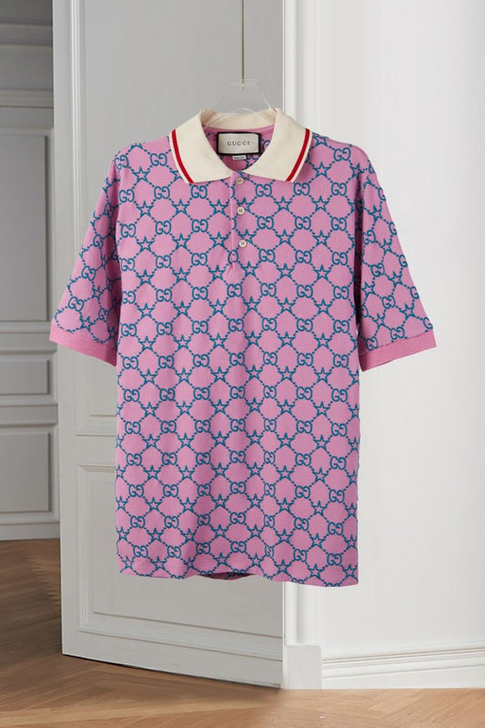 GUCCI || GG Logo Embroidered Polo T-Shirt For Men / Pink - FASHION MYST