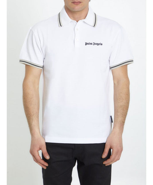 PALM ANGELS || Collar Stripe Logo-Print Cotton Polo T-Shirt - FASHION MYST