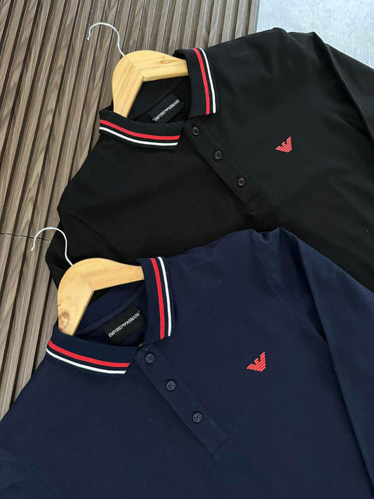 EMP*RIO ARM*NI || Long-Sleeved Stretch Piqué Polo T-Shirt With Micro Eagle Embroidery Logo - FASHION MYST