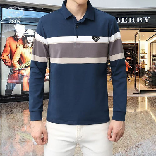 PRADA || Men's Long Sleeve Lapel Polo Shirt Korean Slim T-Shirt - FASHION MYST