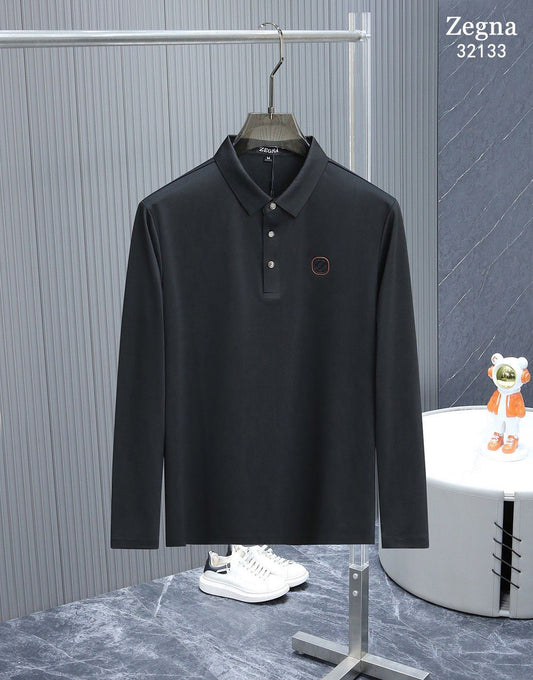 ZEGNA || Long-Sleeved Slim-Fit Polo T-Shirt With Logo Patch - FASHION MYST