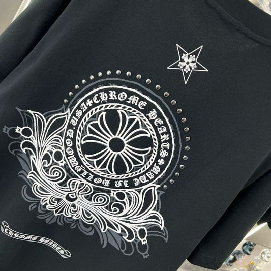 CHROME HEARTS || Metal Cross Horseshoe Drop Shoulder Black T-Shirt Couple Style - FASHION MYST