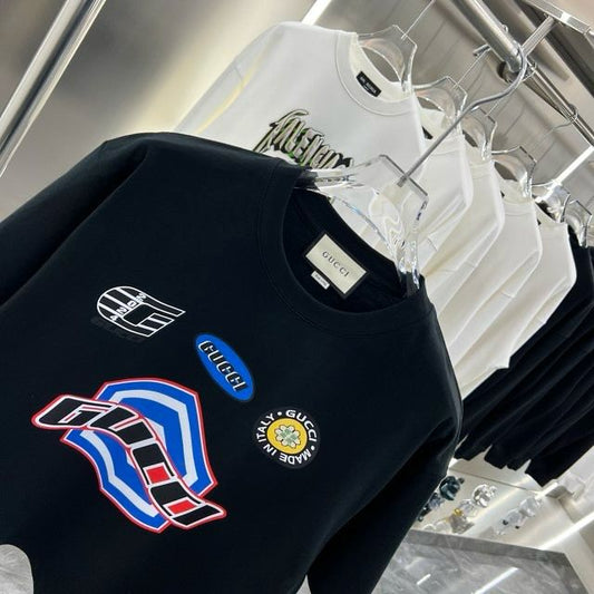 GUCCI || Moto Logo Round Neck Drop Shoulder Black T-shirt - FASHION MYST