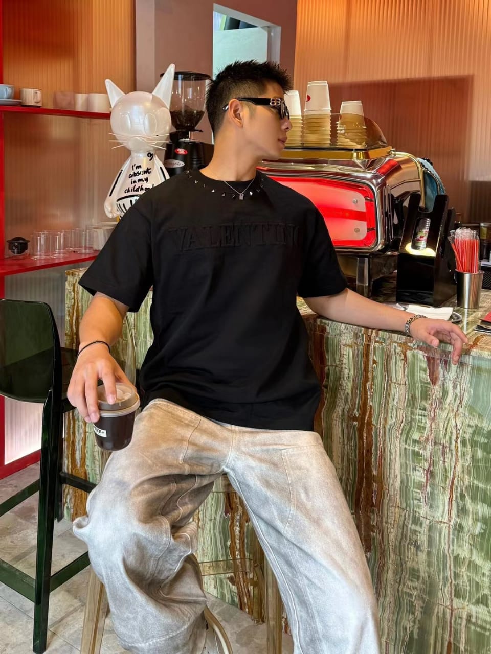 VALENTINO || Men's Oversized Embossed Basic Black T-Shirt