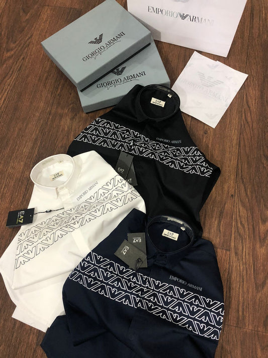 EMP*RIO ARM*NI || Sustainability Values Regular Fit Organic Cotton Poplin All Over Logo Shirt - FASHION MYST