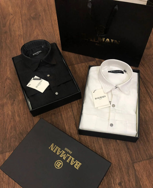 BALMAIN || Mens Metal Logo Regular Fit Solid Casual Shirt - FASHION MYST