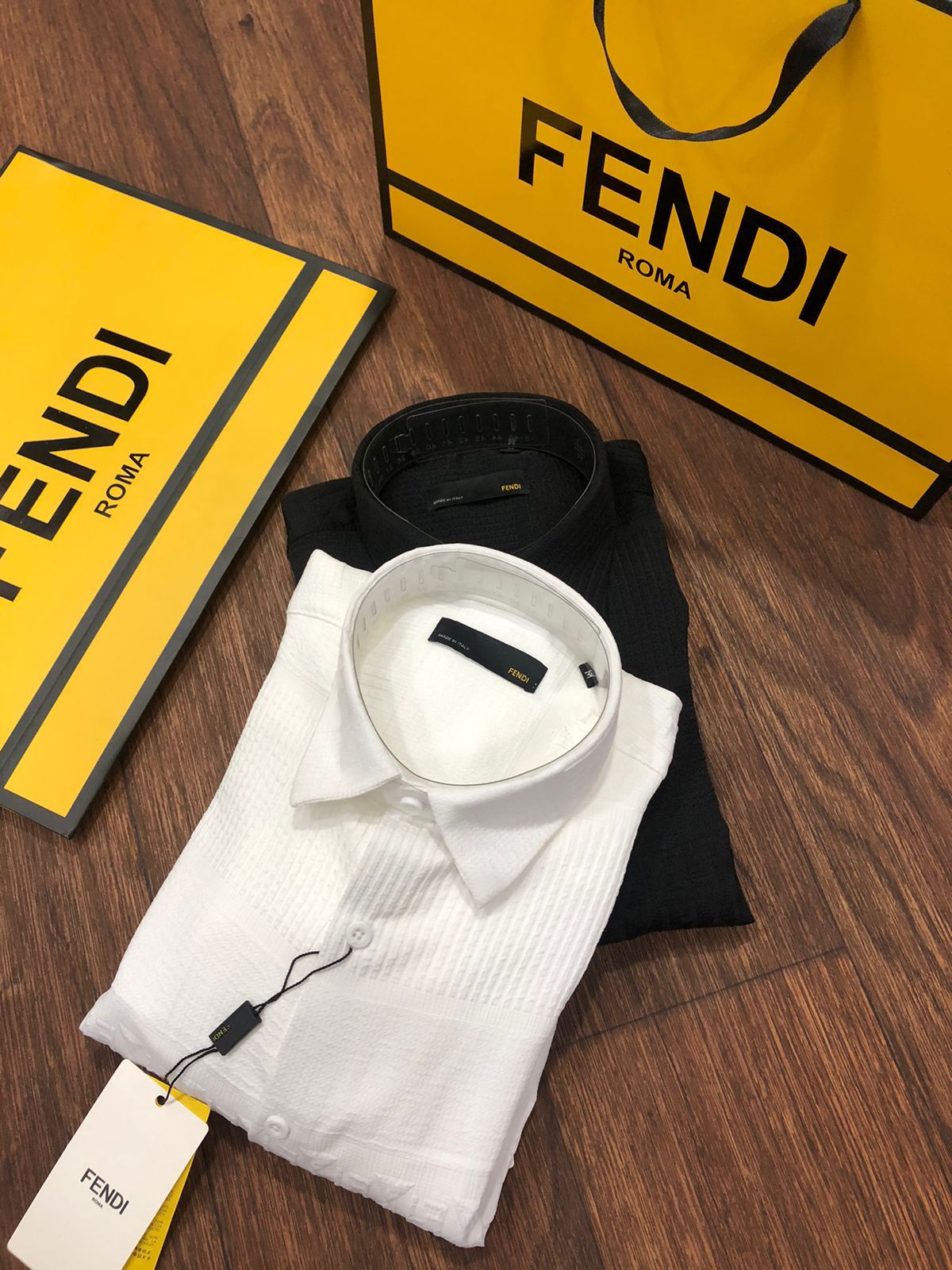FENDI || Self Stripe FF Logo Seersucker Dobby Cotton Shirt