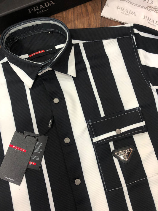 PRADA || X Maluma Striped Oversized Band-collar Shirt In Noir Blanc - FASHION MYST