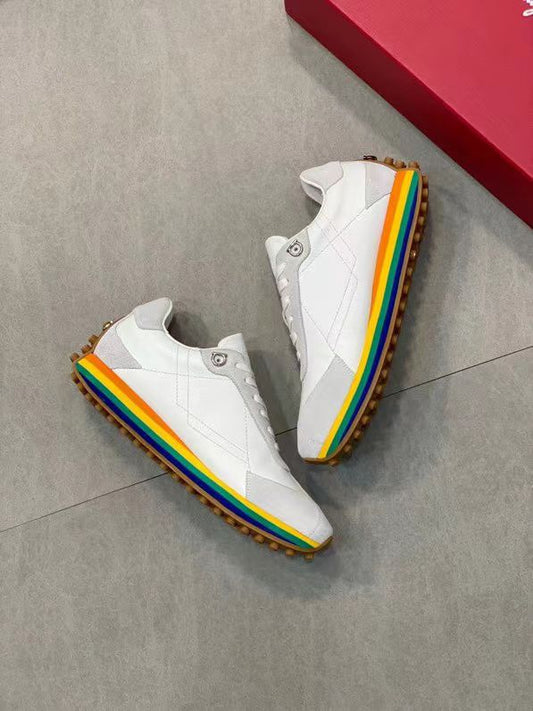 SALVATORE FERRAGAMO || Iggy Rainbow-heel Retro Trainers In White - FASHION MYST
