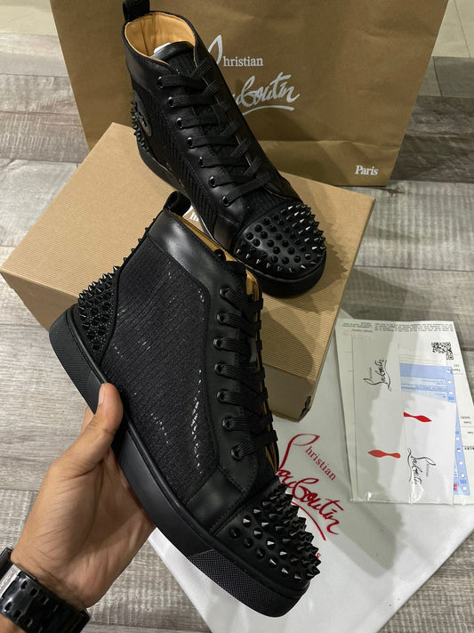 Lou Spikes Orlato Studded Leather and Mesh High-Top Sneakers - FASHION MYST