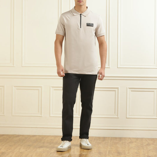 KARL LAGERFELD || Men Sand Chest Leather Patch Half-Zip Polo T-shirt - FASHION MYST
