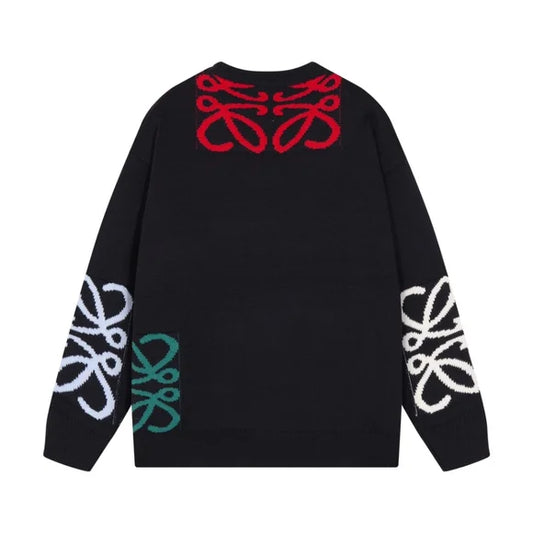 LOEWE || Anagram-knit Round-Neck Wool Pullover In Black Multicolour- FASHION MYST
