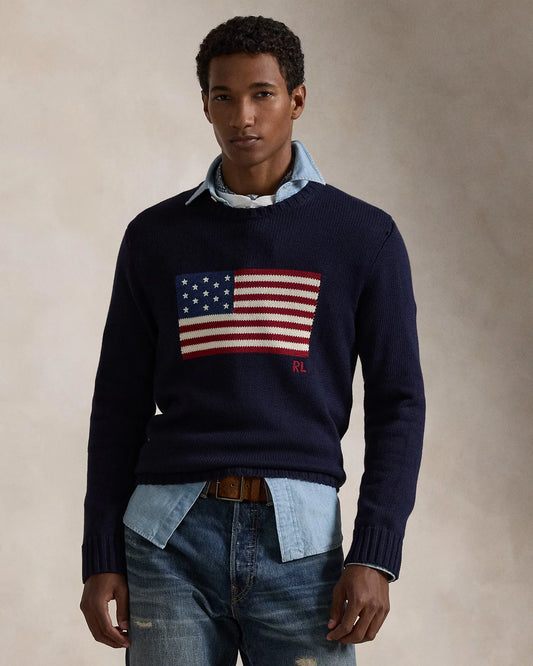 POLO RALPH LAUREN || Womens/Mens Blue Multi American-Flag Cotton Knitted Jumper- FASHION MYST