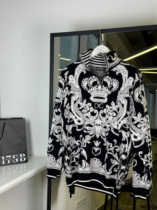 DOLCE & GABBANA || Baroque-Print Zip Neck Pullover For Men- FASHION MYST